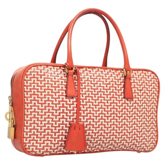 PRADA Hand Bag Leather Orange Gold Auth 126058 - Picture 1 of 16